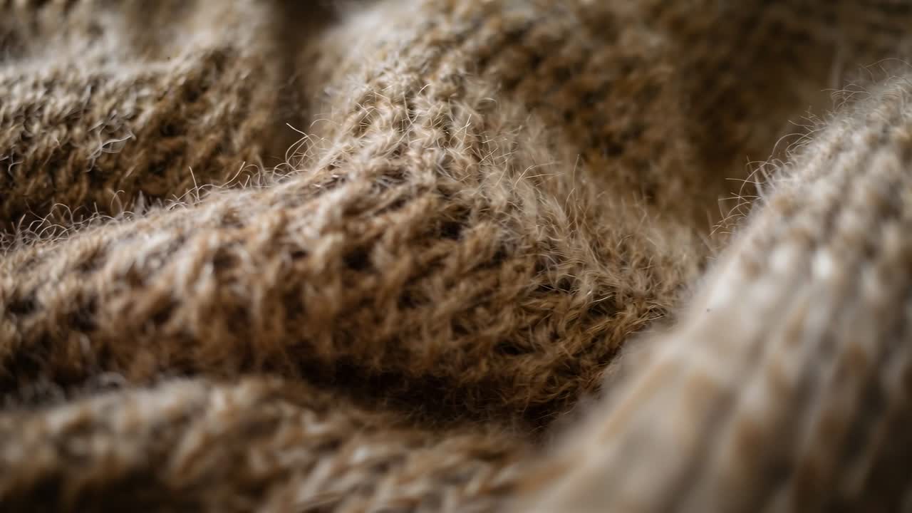 La telecamera si sposta rivelando un tessuto a maglia marrone in casa, mettendo a fuoco per mostrare texture e fibre.