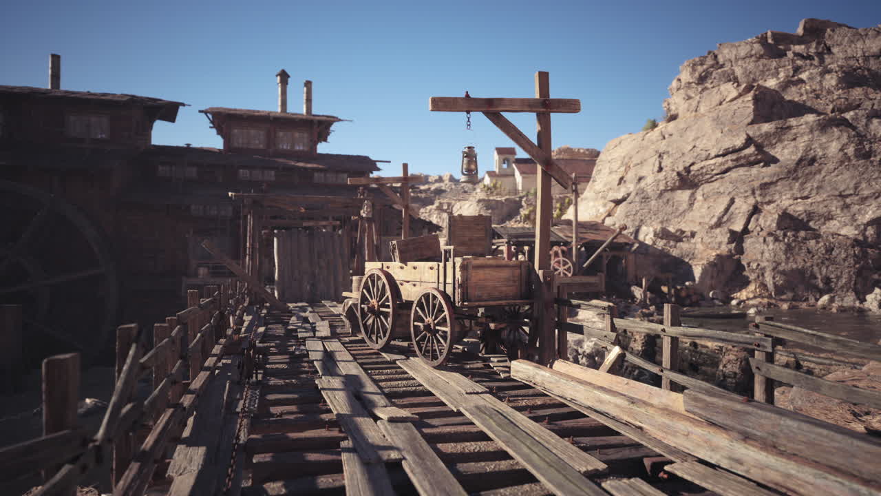 판타지 마을로 이어지는 다리 위의 나무 마차