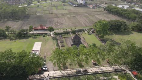 Beautiful-aerial-view-of-Banyunibo-temple,-a-Buddhist-temple-located-not-far-from-Ratu-Boko-Temple-and-Prambanan-temple