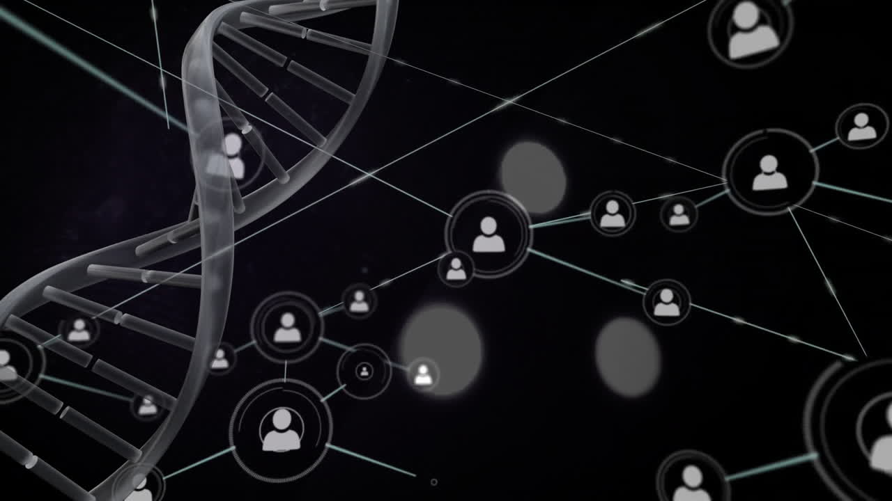 Animation of network of connections with people icons over dna strand on black background