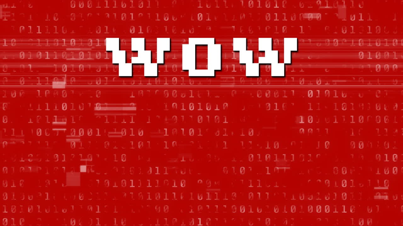 빨간색 배경에 바이너리 코딩을 가진 와우 텍스트의 애니메이션
