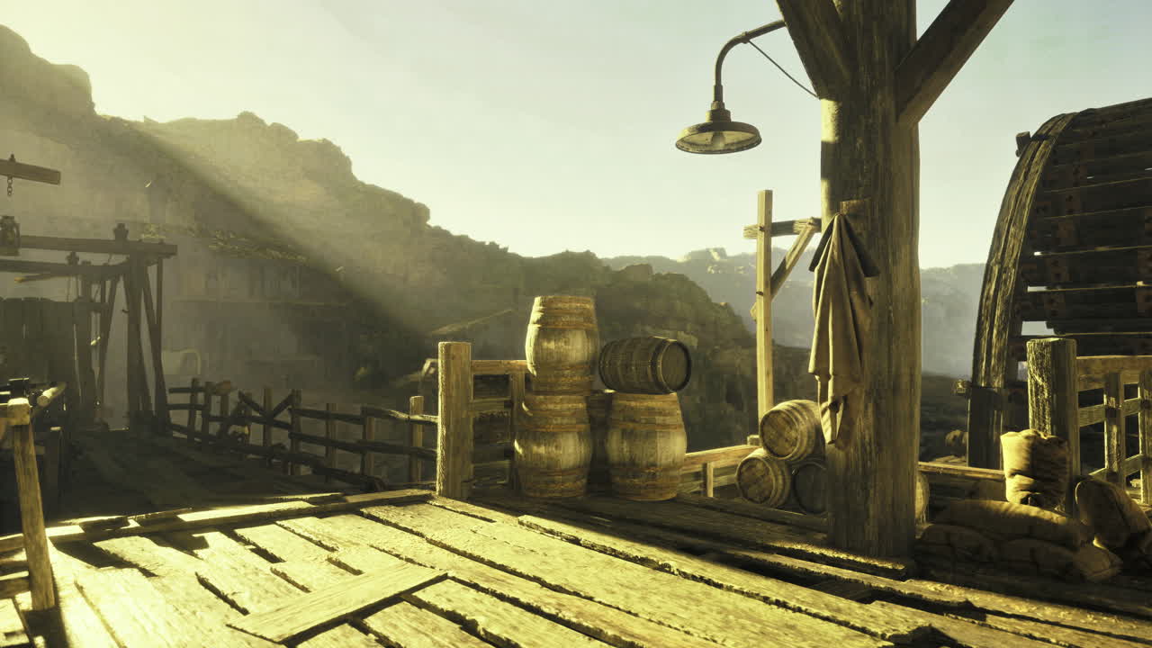 Rustic wooden dock with barrels and soft sunlight in a tranquil setting