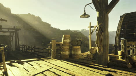 rustic wooden dock with barrels and soft sunlight in a tranquil setting