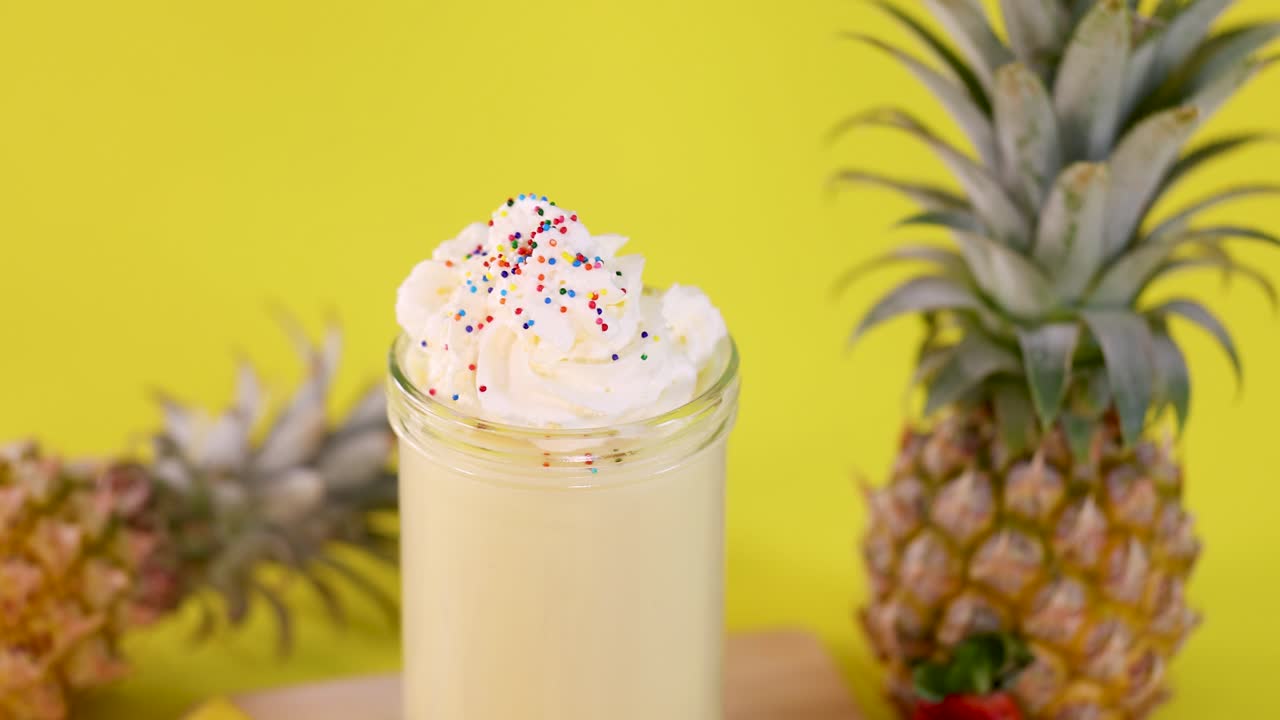 Pineapple smoothie in glass jar, whipped cream and sprinkles, bright yellow background, vibrant lighting