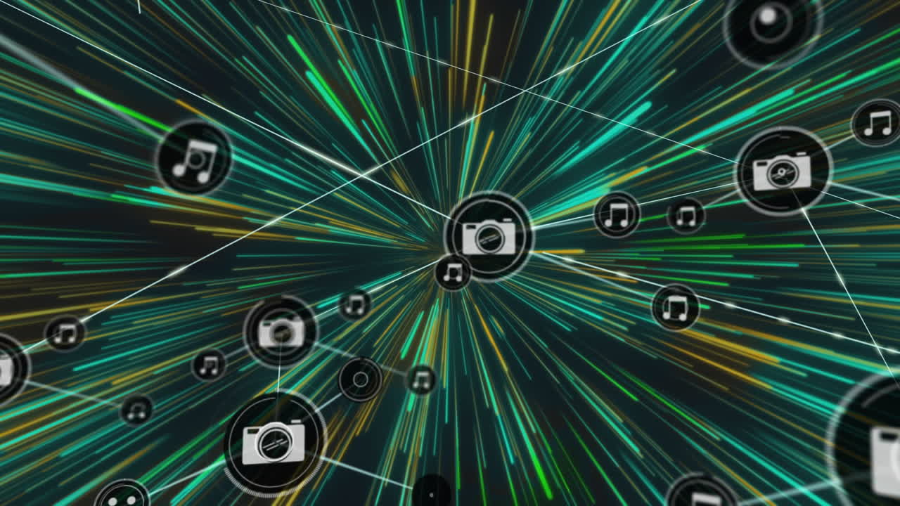 녹색 폭발 위의 디지털 음악 아이콘과 연결 네트워크의 애니메이션