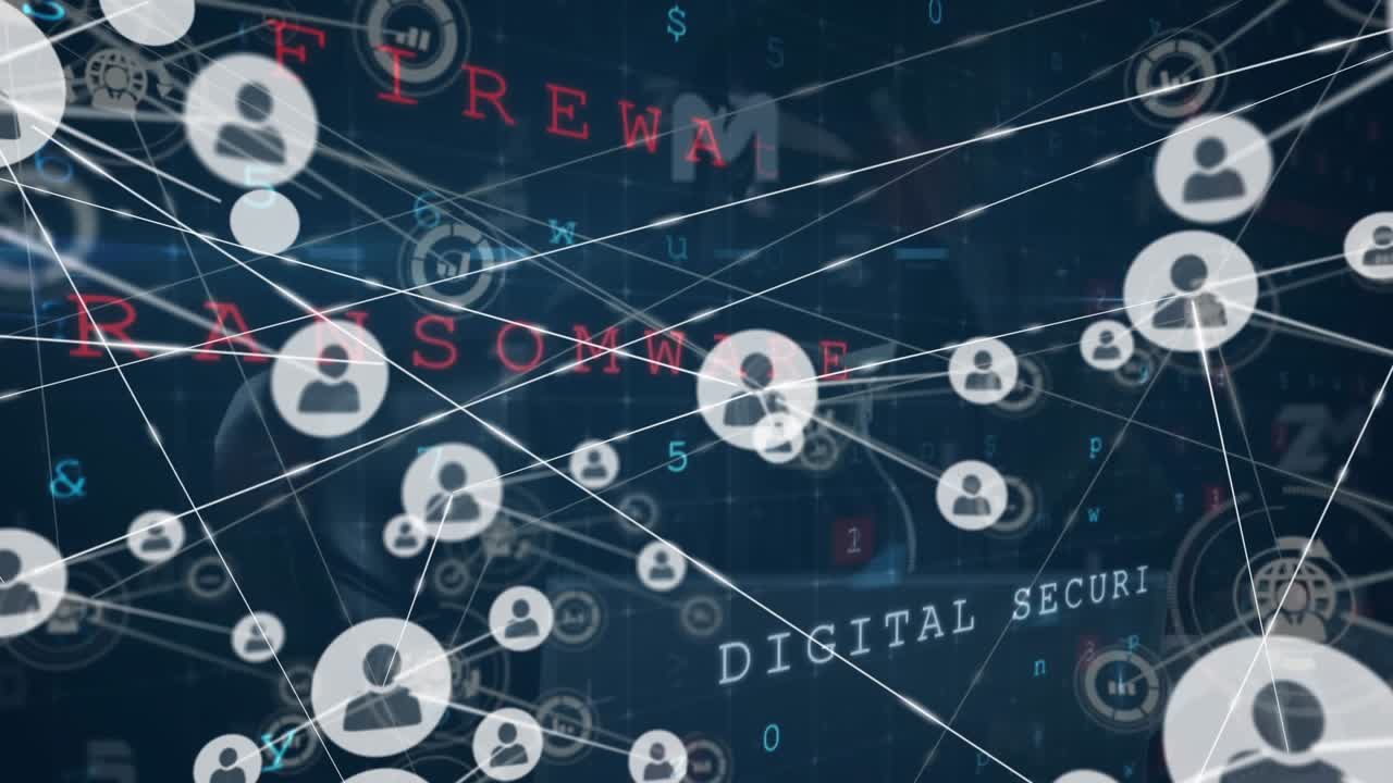 Animation of network of connections with icons and data processing over hacker