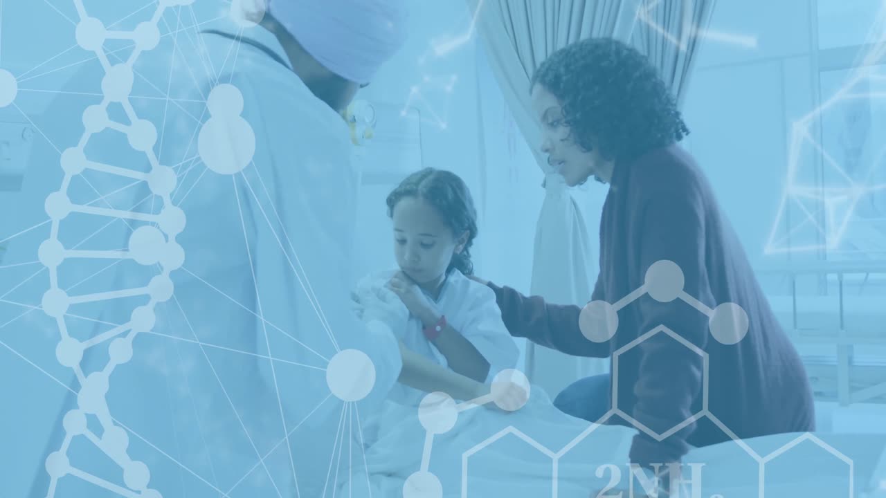 두 인종의 남성 의사와 소녀 환자를 대상으로 한 의료 데이터 처리의 애니메이션