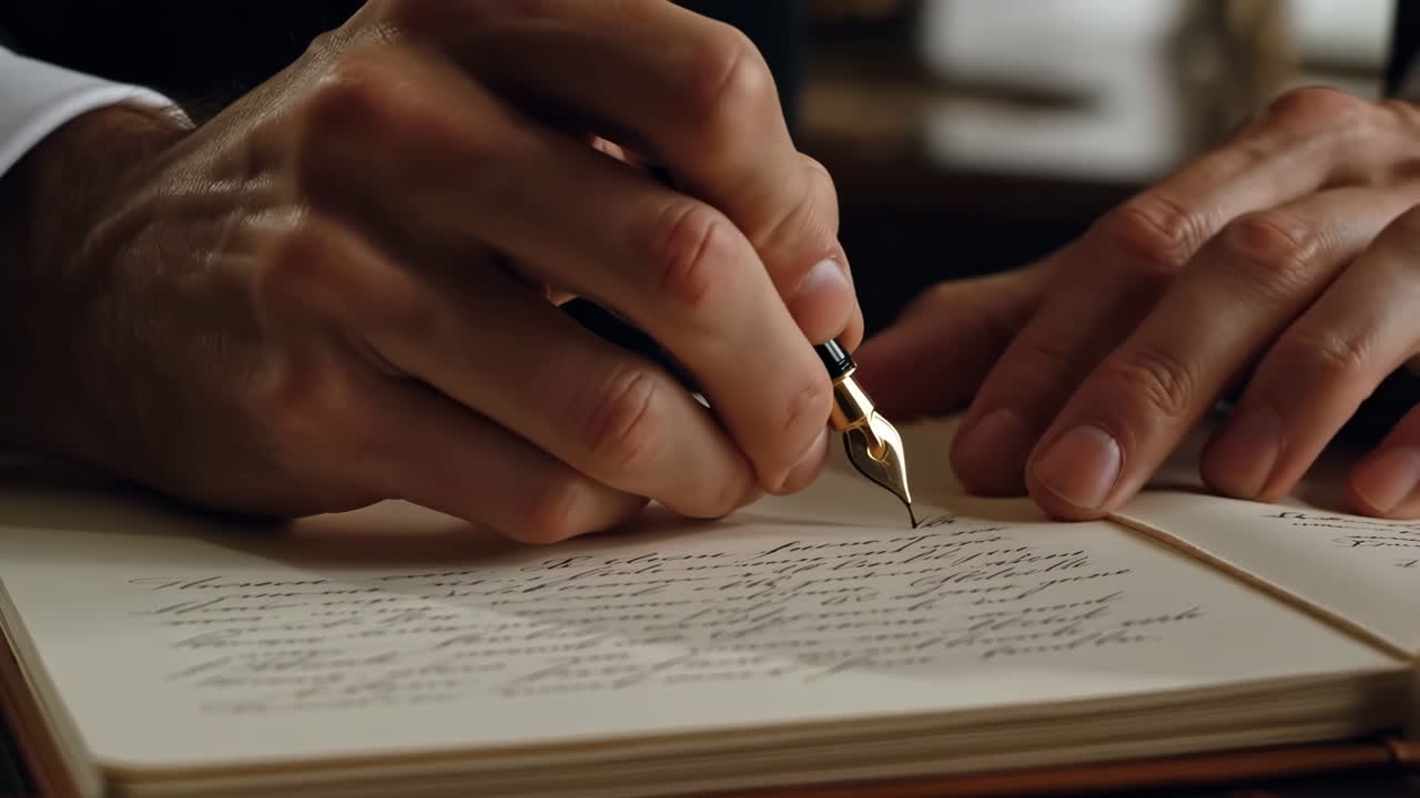 Close-up of Hands Writing with a Fountain Pen in a Journal