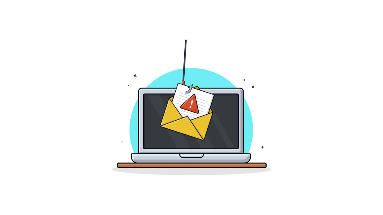 Animazione di truffa tramite e-mail di phishing sullo schermo di un portatile
