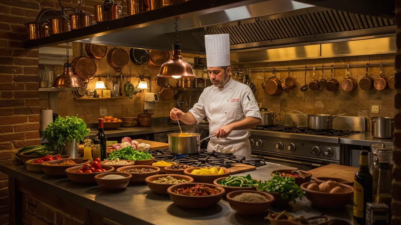 Un maestro culinario al lavoro: prepara un piatto saporito con ingredienti freschi in un ambiente di cucina rustica, pieno di pentole di rame e prodotti vivaci.