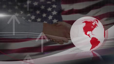 Animation-Eines-Sich-Drehenden-Globus-Und-Einer-US-Flagge-über-Menschen,-Die-Sich-Die-Hände-Schütteln