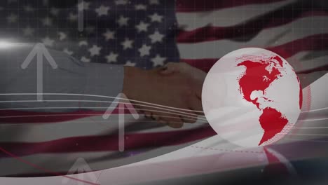 animación del globo giratorio y la bandera de los estados unidos sobre personas que se dan la mano