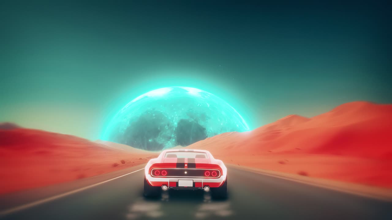 Un loop senza interruzioni di alta qualità di un'auto sportiva rossa che guida su un'autostrada nel deserto verso una gigantesca luna ciano brillante. Estetica synthwave anni '80 con colori vibranti e un'atmosfera futuristica nostalgica.