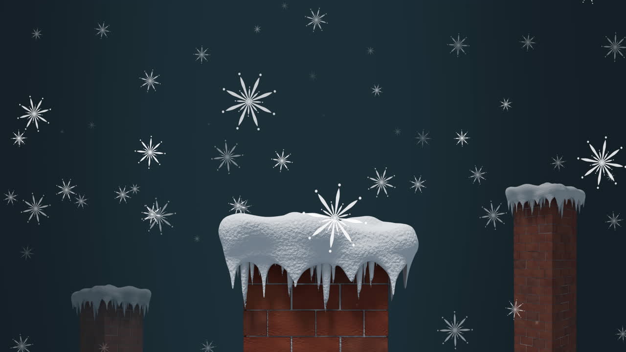 Animation of snow falling at christmas over chimneys