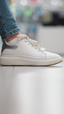 primer plano de la pierna de la dama en vaqueros con zapatos de lona blanca arrastre su pierna hacia atrás golpeando suavemente la pierna izquierda suavemente en el suelo en un centro comercial bien iluminado