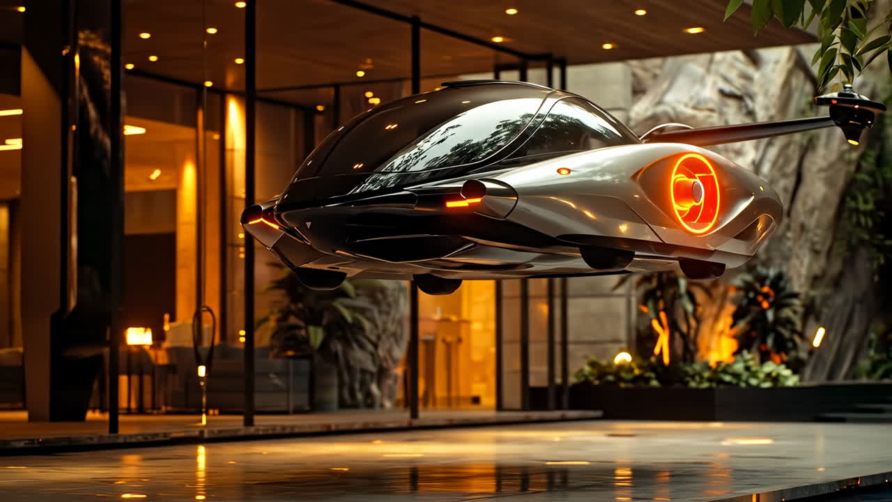 Futuristic flying vehicle. A sleek flying vehicle hovers indoors in a contemporary setting with lush plants and warm lighting