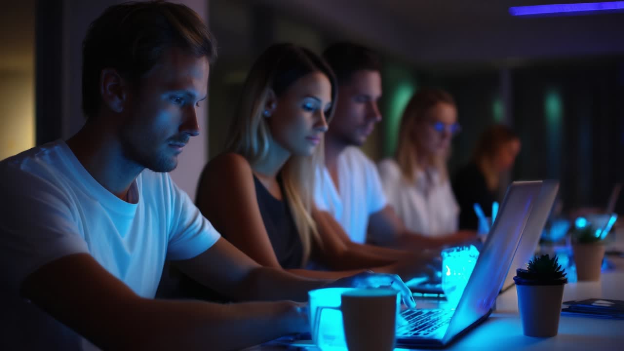 A group of focused individuals working collaboratively at night, illuminated by the glow of their laptops, showcasing dedication and teamwork in a modern workspace environment