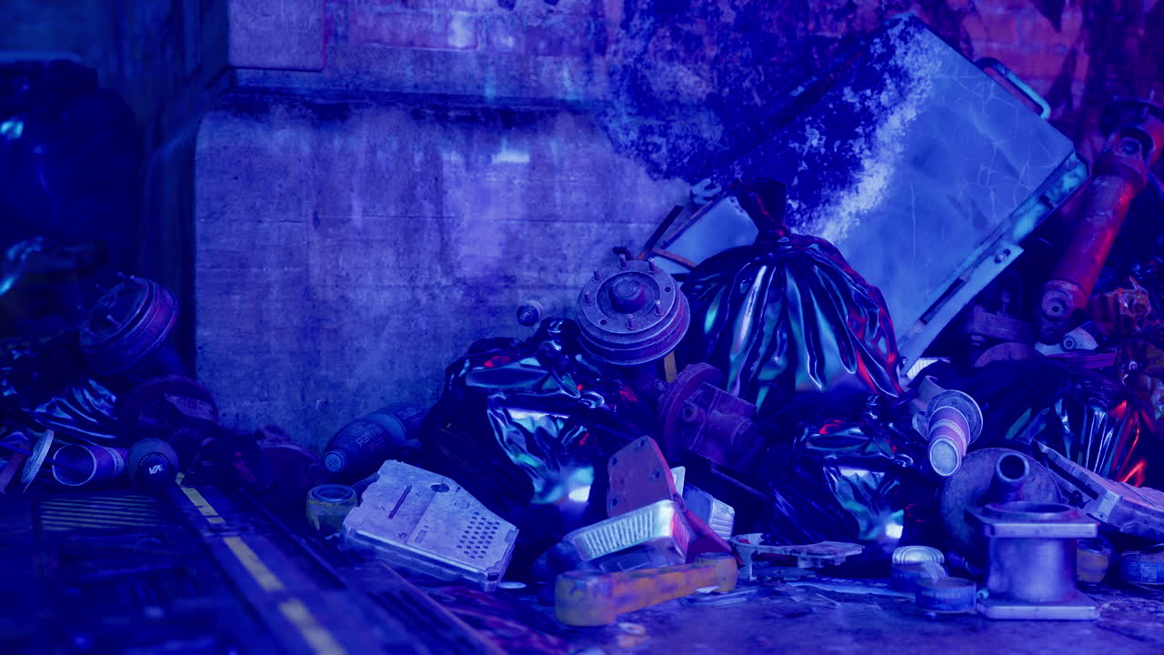 una pila de basura y restos metálicos en un callejón oscuro