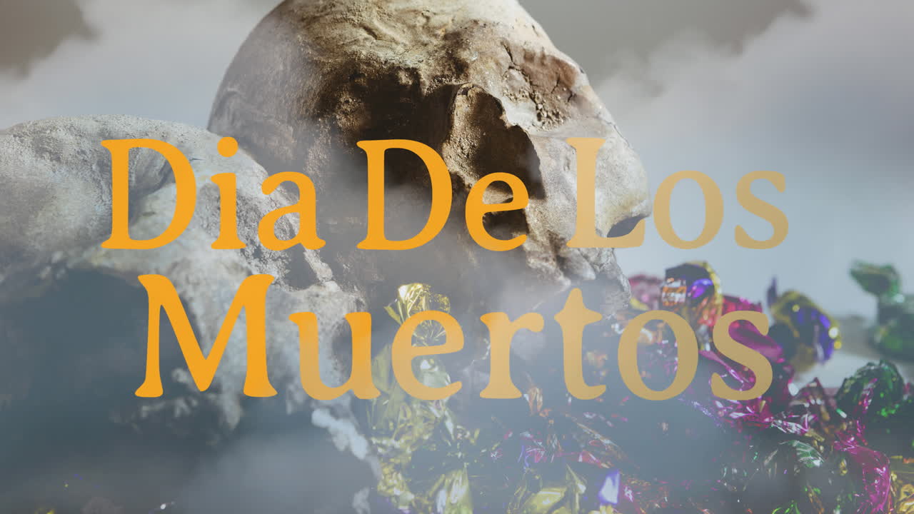animación de dia de los muertos sobre las calaveras en el fondo