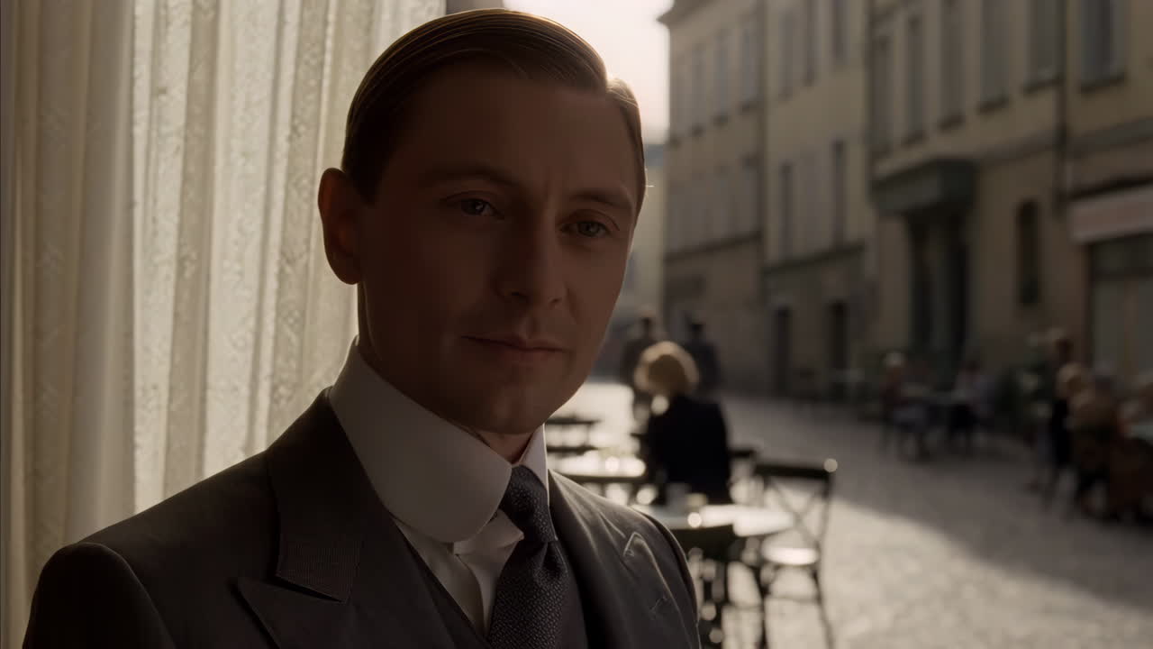 Elegant Gentleman in Vintage Suit at an Outdoor Cafe