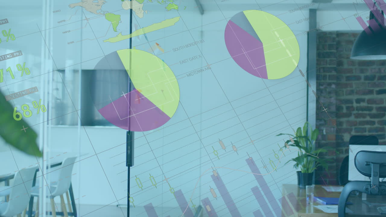 animación de la interfaz infográfica multicolor sobre la cabina vacía de la oficina