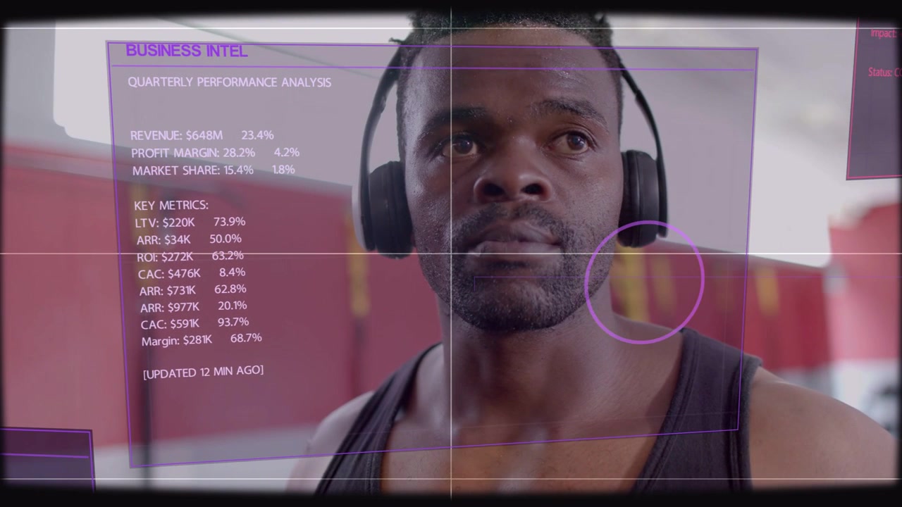 Man placing headphones and activating AR panels with business intel metrics scanning for workout