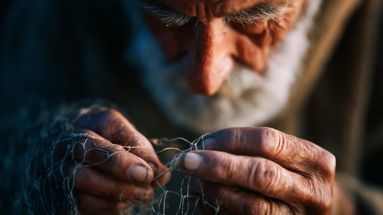 An Intimate Portrait of an Elderly Artisan Skillfully Repairing His Fishing Net, Capturing the Essence of Craftsmanship and Tradition in a Close-Up Shot