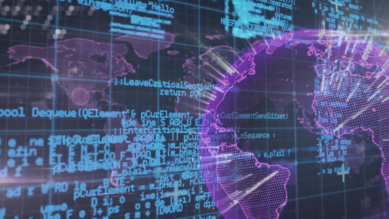 Digital world map and coding animation over global network connections