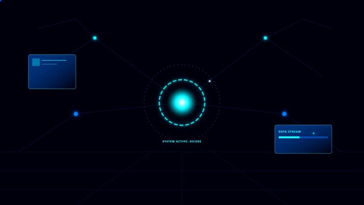 Futuristic Digital Interface with Glowing Core and Data Stream