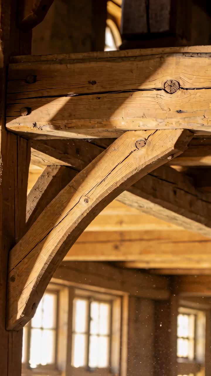 Video verticale: Telecamera panoramica che mostra una trave curva in legno, finestre a montanti in un loft, pulviscolo.