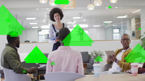 Animation-of-green-arrows-processing-over-diverse-business-people-in-office