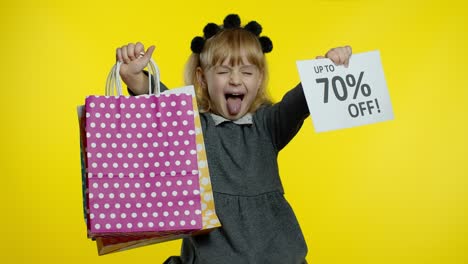 Pupil-girl-with-shopping-bags-showing-Up-To-70-percent-Off-banner-text-advertisement.-Holiday-sale