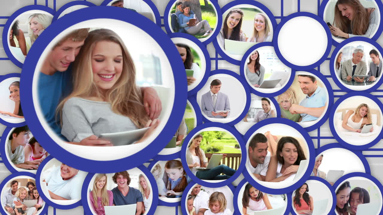 마우스 아이콘은 콜라주에서 노트북을 가진 사람들의 비디오를 선택합니다.