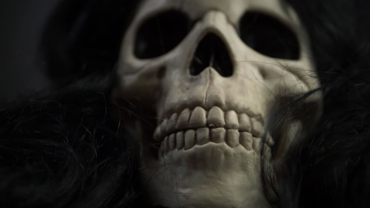 cráneo espeluznante con pelo negro primer plano zoom en tiro