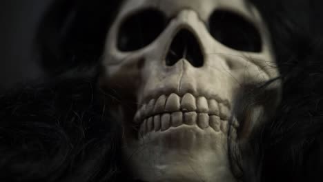 creepy skull with black hair close up zoom in shot