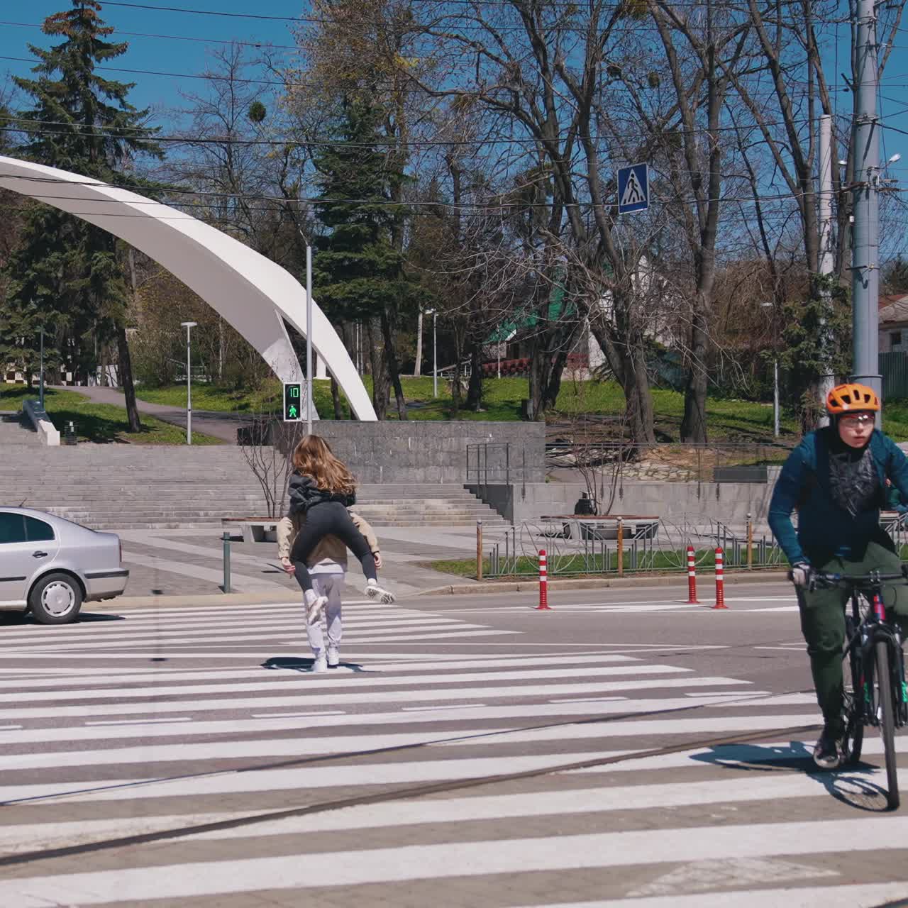 Couple walking at crosswalk