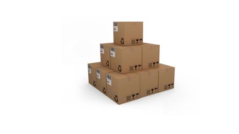 animation of multiple stacked up cardboard boxes moving on white background