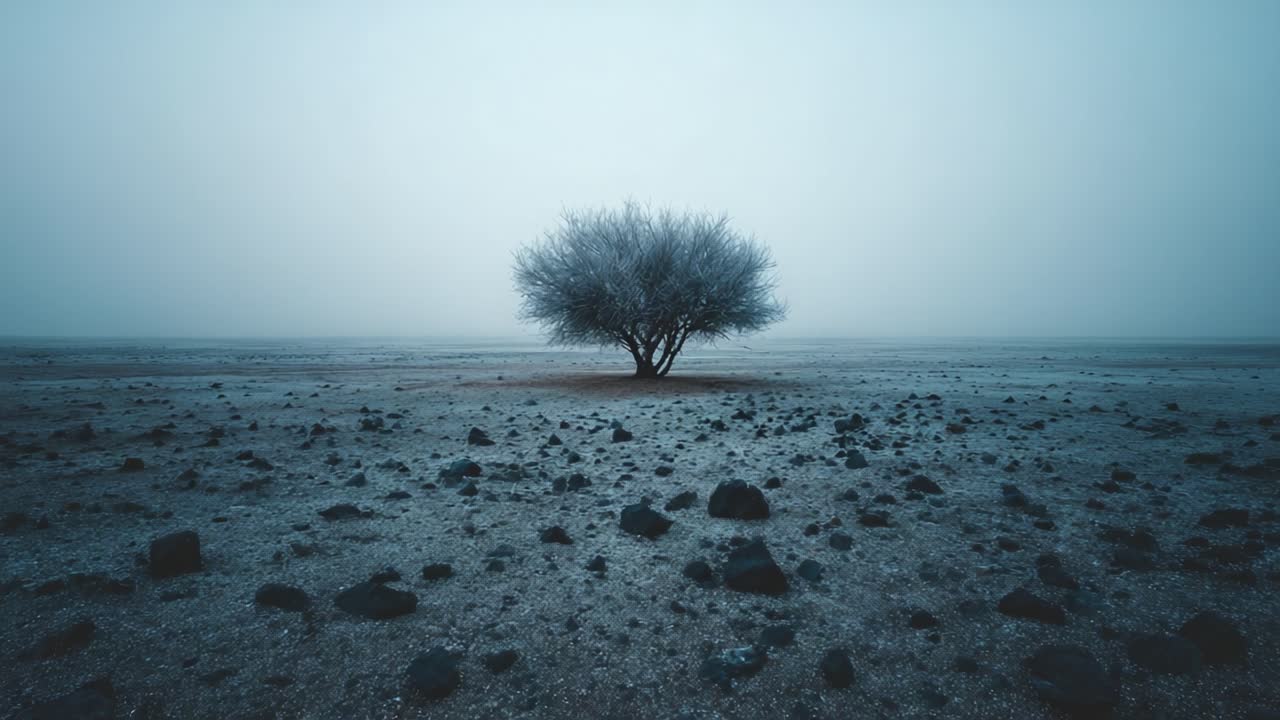 A Solitary Tree Stands Resilient Against an Expansive, Misty Landscape, Surrounded by Rocks in a Serene Atmosphere, Evoking Calmness and Contemplation