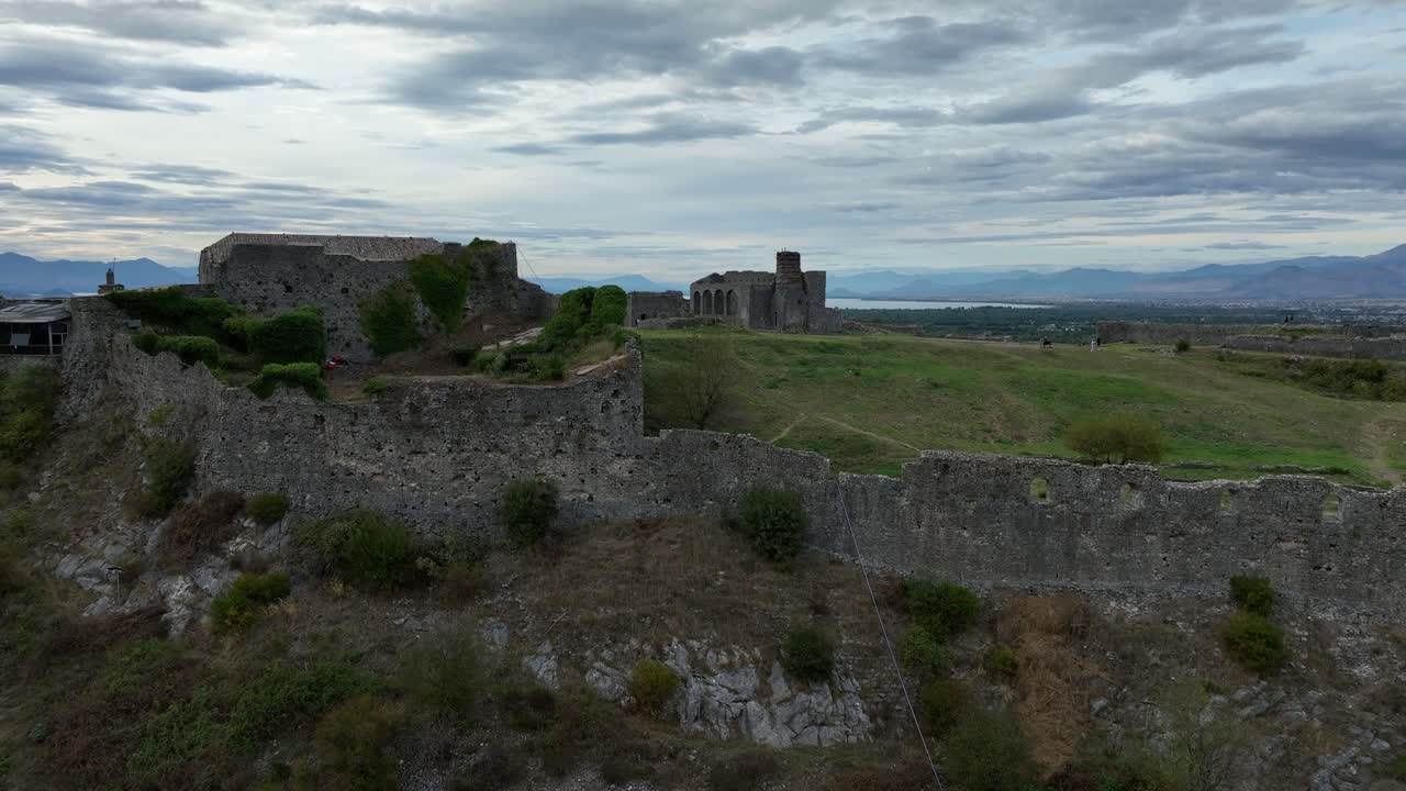Walled Rozafa Castle on Mountain Top, Shkodër, Albania AERIAL DOLY IN