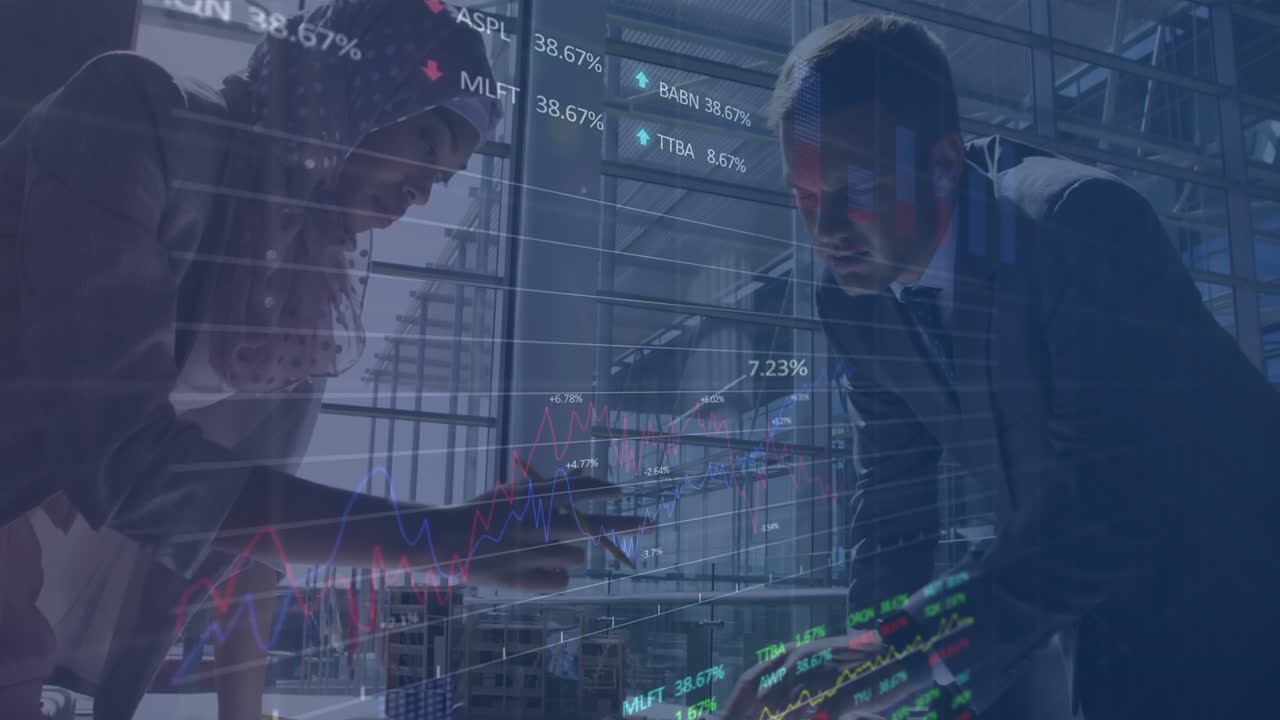 Animering av finansiell databehandling över olika affärsmänniskor på kontoret