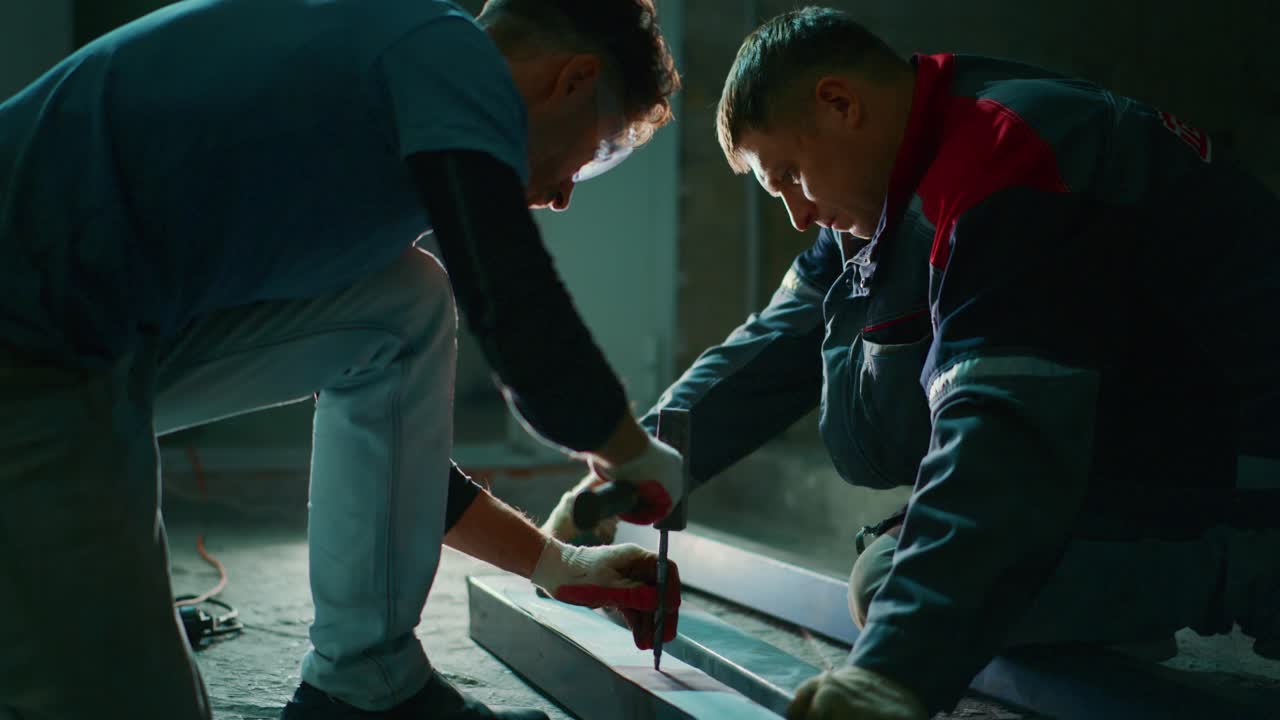 Two Men Marking Metal Beam with Hammer and Punch Tool
