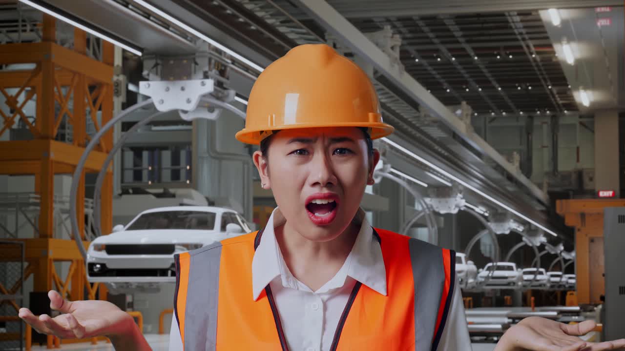 안전 헬을 입은 아시아 여성 엔지니어가 왜 ev 자동차 공장에서 의심스럽게 일하는지 말합니다.