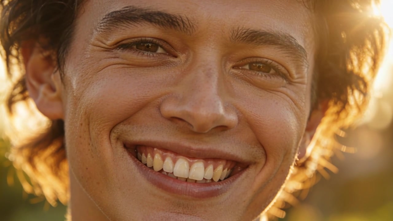 Homem adulto sorrindo para a câmera, ampliando o sorriso, inclinando a cabeça no parque, cabelo com luz de contorno.