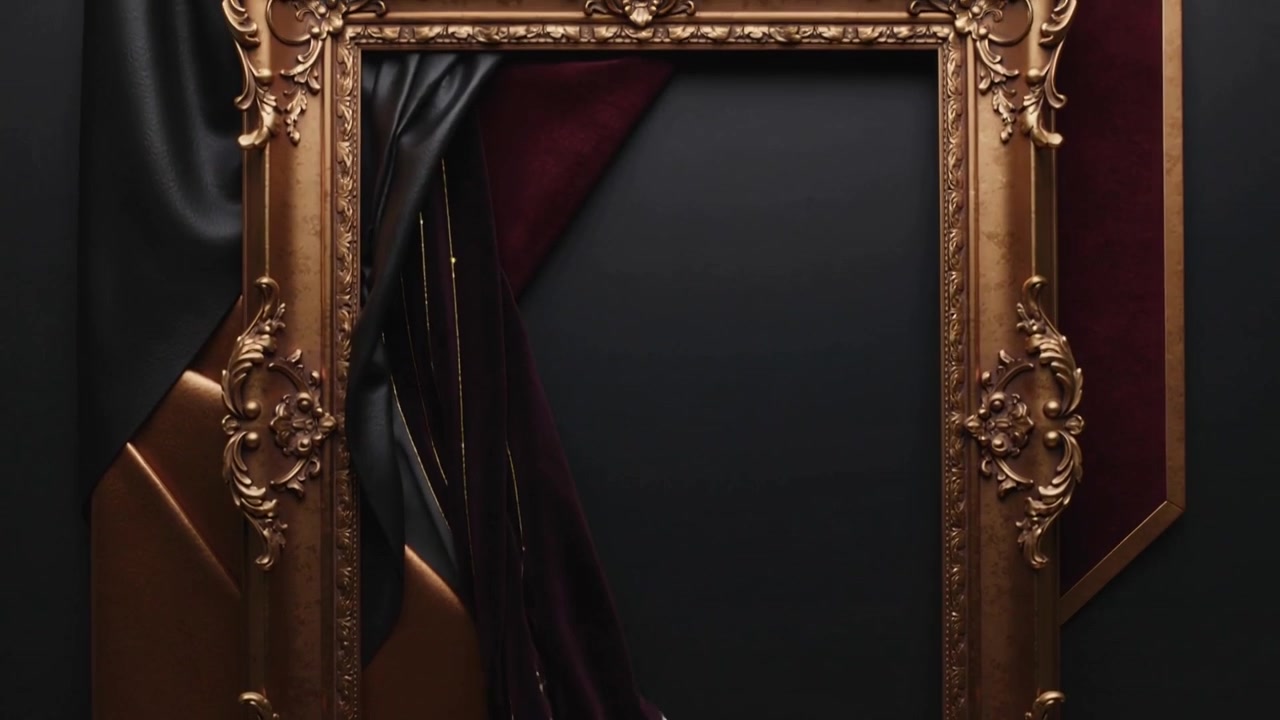 Tessuto di raso nero che si stacca rivelando una cornice dorata ornata su una parete della galleria, esponendo il retro opaco.