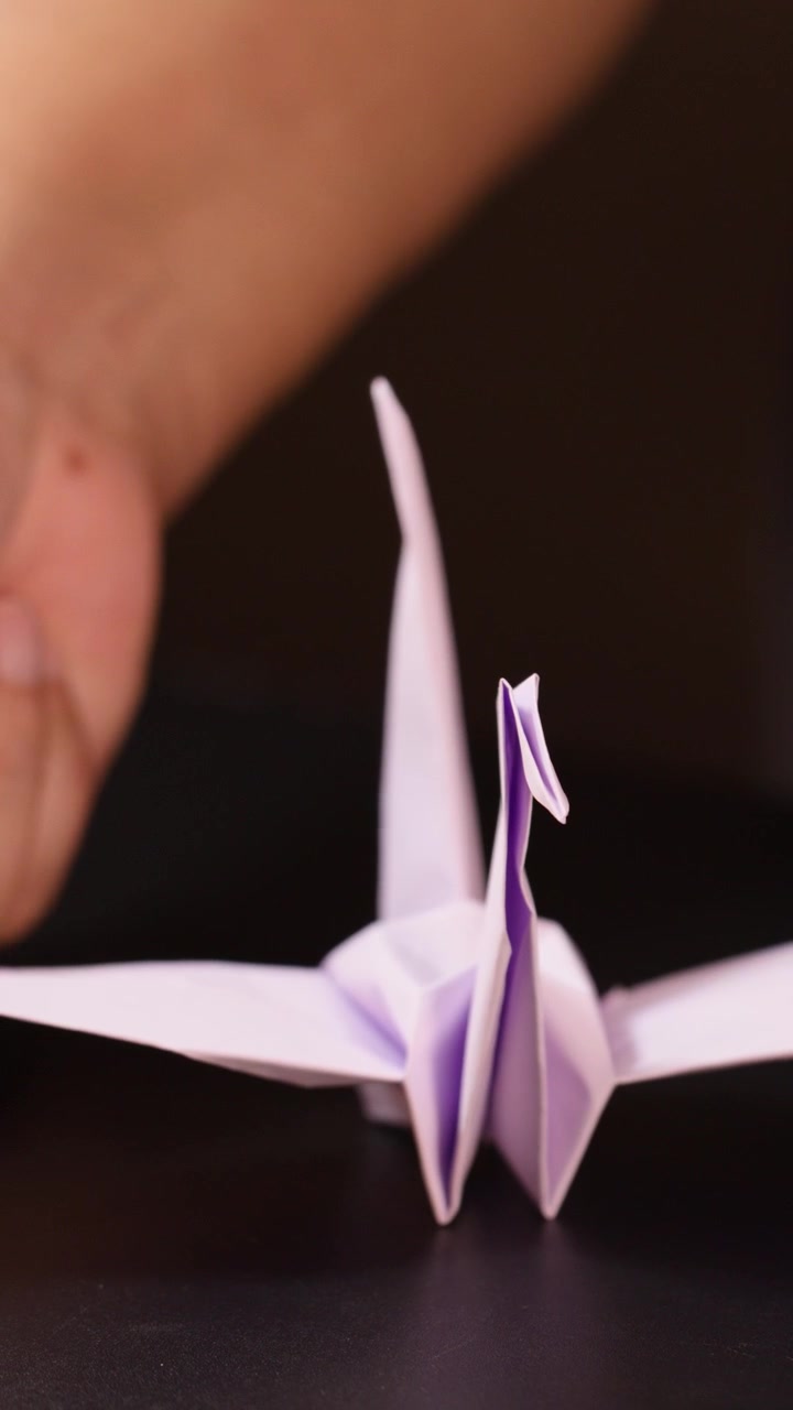Close-up hands fold purple origami crane on dark surface with soft studio lighting