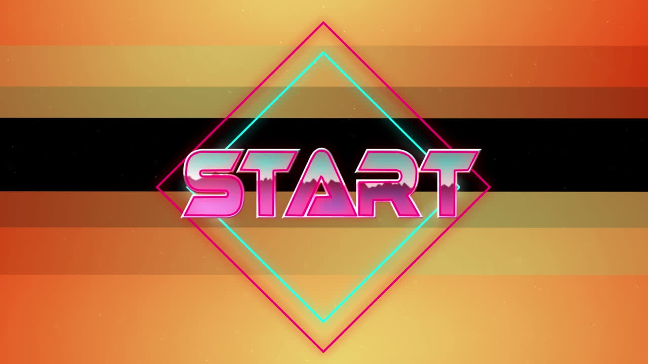 Animation of start text over light trails and orange frame on black background