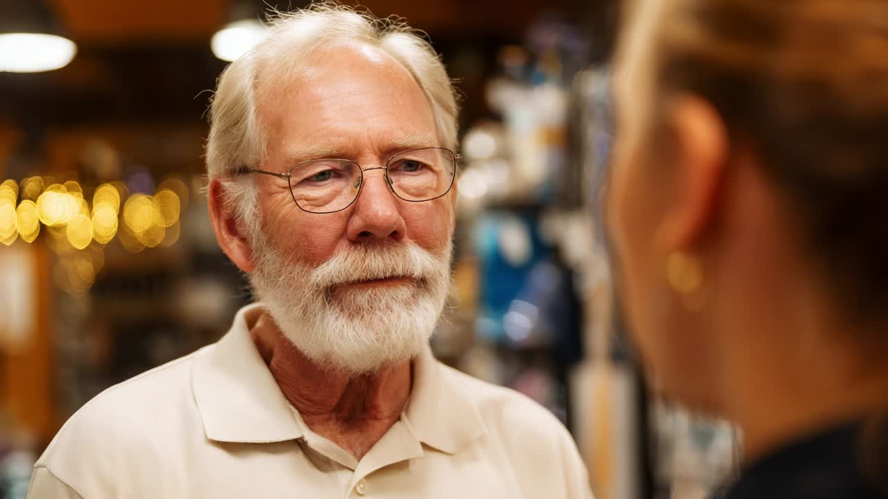 A candid interaction between two individuals featuring an elderly man with a warm smile and thoughtful expression, engaged in meaningful conversation, depicting the essence of human connection and nostalgia