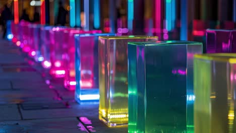colorful illuminated glass cubes decorating wet city street, creating vibrant nighttime urban landscape with mesmerizing light installation and artistic reflections