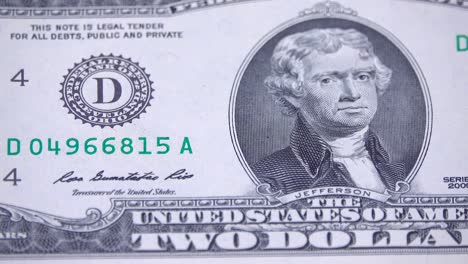 closeup of a us two dollar bill