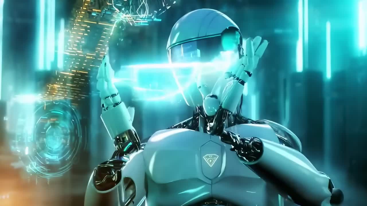 Robot futuristico in un'ambientazione illuminata al neon, ripreso da un'angolazione bassa, perfetto per un video di fantascienza